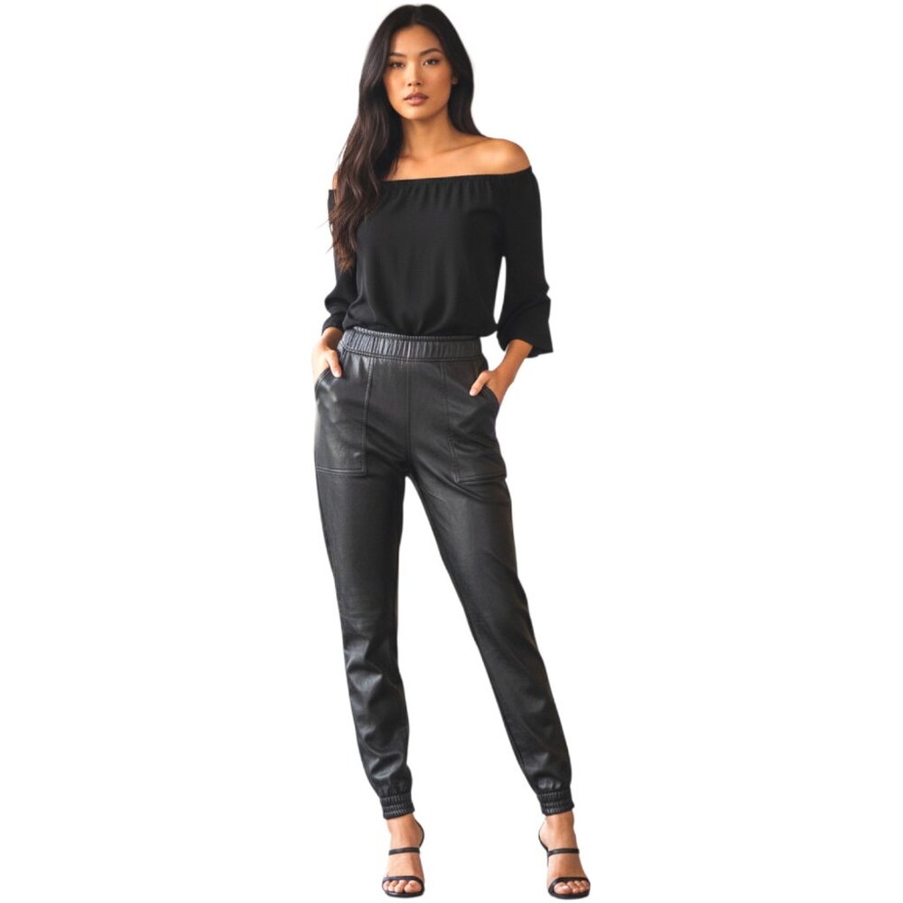 Spanx Noir Black Leather‎ Like Pocket Jogger Pants